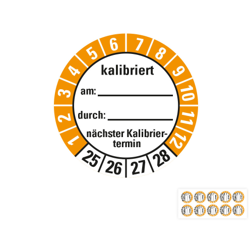 Produkt Hauptbild von Prüfplakette kalibriert am... durch... nächster Kalibriertermin, weiß-orange, Folie mit Spezialkleber, versch. Jahreszahlen