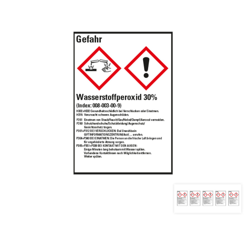 Produkt Hauptbild von Gefahrstoffkennzeichen: Wasserstoffperoxid 30%, 2 GHS Symbole mit Text, Folie selbstklebend, versch. Größen