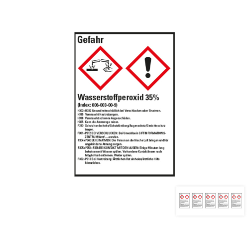 Produkt Hauptbild von Gefahrstoffkennzeichen: Wasserstoffperoxid 35%, 2 GHS Symbole mit Text, Folie selbstklebend, versch. Größen