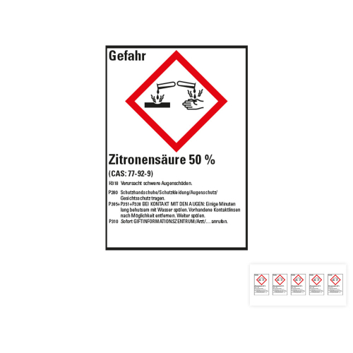 Produkt Hauptbild von Gefahrstoffkennzeichen: Zitronensäure 50%, 1 GHS Symbol mit Text, Folie selbstklebend, versch. Größen