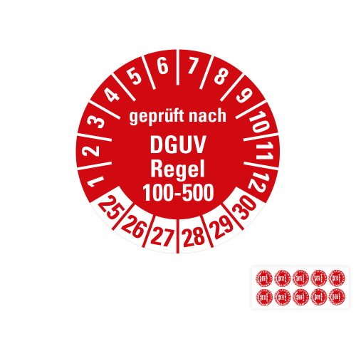Produkt Hauptbild von Prüfplakette geprüft nach DGUV Regel 100-500, rot, Folie mit Spezialkleber, versch. Jahreszahlen
