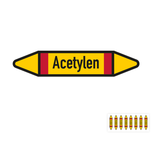 Produkt Hauptbild von Rohrleitungsetikett: Acetylen, DIN 2403, gelb-schwarz mit Zusatzfarbe rot, für Rohre mit versch.  Durchmessern, Folie selbstklebend