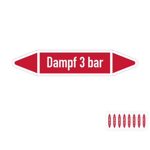 Produkt Hauptbild von Rohrleitungsetikett: Dampf 3 bar, DIN 2403, rot-weiß, für Rohre mit versch.  Durchmessern, Folie selbstklebend