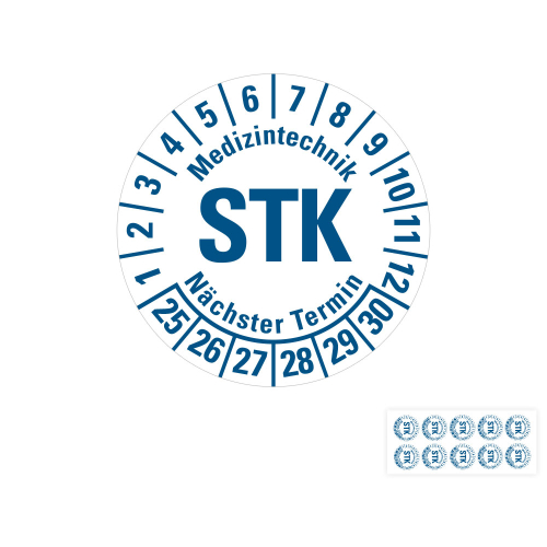 Produkt Hauptbild von 6-Jahres-Prüfplakette Medizintechnik Nächster Termin, STK, weiß, DIN EN 60601-01, Folie mit Spezialkleber, 10 St./Bogen