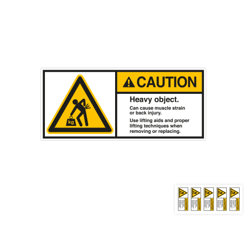 Produkt Hauptbild von ANSI-Aufkleber: CAUTION Heavy object. Can cause muscle strain or back injury, UL-anerkannt, ANSI Z535-4, Folie selbstklebend, versch. Größen