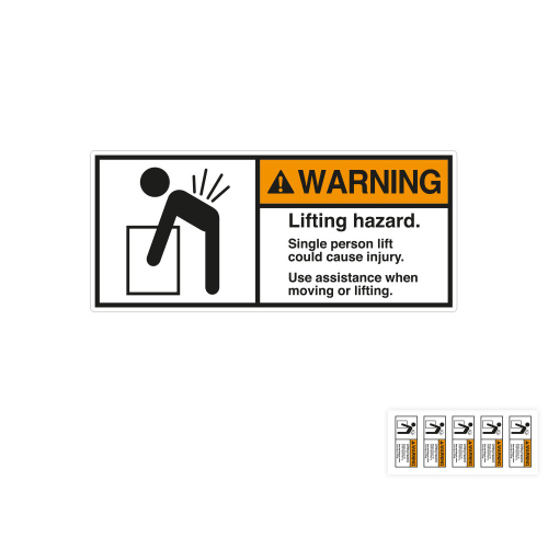 Produkt Hauptbild von ANSI-Aufkleber: WARNING Lifting hazard. Single person lift could cause injury, UL-anerkannt, ANSI Z535-4, Folie selbstklebend, versch. Größen