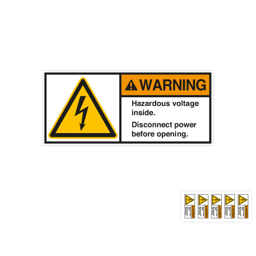 Produkt Hauptbild von ANSI-Aufkleber: WARNING Hazardous voltage inside. Disconnect [...], UL-anerkannt, ANSI Z535-4, Folie selbstklebend, versch. Größen