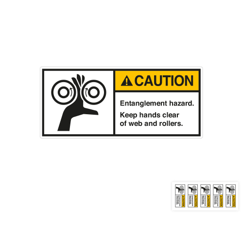 Produkt Hauptbild von ANSI-Aufkleber: CAUTION Entanglement hazard. Keep hands clear of web and rollers, UL-anerkannt, ANSI Z535-4, Folie selbstklebend, versch. Größen