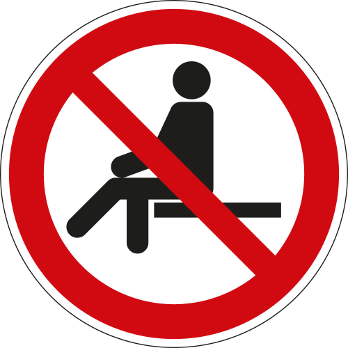 Verbotsschild: Sitzen verboten, ISO, Folie selbstklebend, Ø 100 mm, 1 Stück