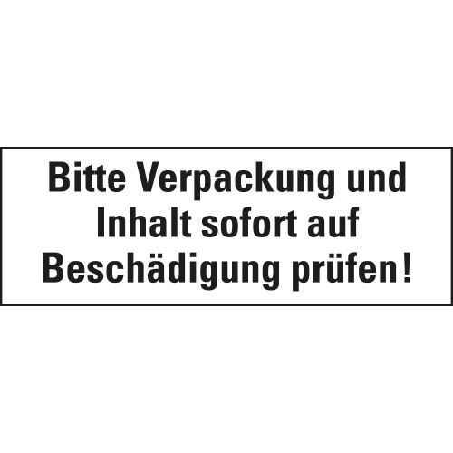 Verpackungsetikett: Bitte Verpackung und Inhalt sofort auf Beschädigung prüfen, weiß-schwarz, Haftpapier selbstklebend permanent, 147 mm x 50 mm, 250 St./Rolle
