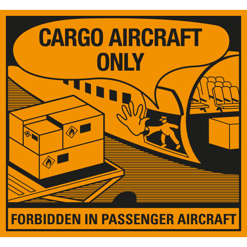 Verpackungsetikett: Cargo Aircraft only, orange-schwarz, IATA, Papier selbstklebend, 125 mm x 115 mm, 1000 St./Rolle Verpackungsetikett: Cargo Aircraft only, orange-schwarz, IATA, Papier selbstklebend, 125 mm x 115 mm, 1000 St./Rolle