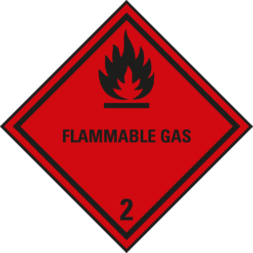 Verpackungskennzeichen: Klasse 2.1 - mit Zusatztext Flammable Gas, rot-schwarz, IMDG-Code, GGVSEB, ADR, IATA, seewasserbeständige Folie, 100 mm x 100 mm, 1 Stück