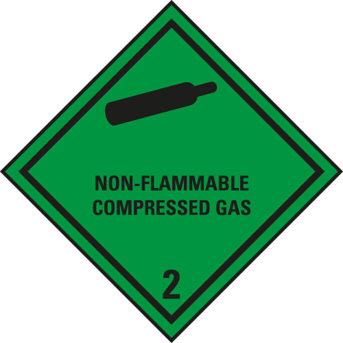Verpackungskennzeichen: Klasse 2.2 - mit Zusatztext Non-Flammable Compressed Gas, grün-schwarz, IMDG-Code, GGVSEB, ADR, IATA, seewasserbeständige Folie, 100 mm x 100 mm, 1 Stück