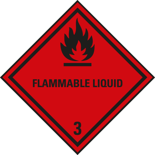 Verpackungskennzeichen: Klasse 3 - mit Zusatztext Flammable Liquid, rot-schwarz, IMDG-Code, GGVSEB, ADR, IATA, seewasserbeständige Folie, 100 mm x 100 mm, 500 St./Rolle Verpackungskennzeichen: Klasse 3 - mit Zusatztext Flammable Liquid, rot-schwarz, IMDG-Code, GGVSEB, ADR, IATA, seewasserbeständige Folie, 100 mm x 100 mm, 500 St./Rolle
