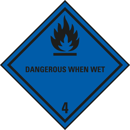 Verpackungskennzeichen: Klasse 4.3 - mit Zusatztext Dangerous When Wet, blau-schwarz, IMDG-Code, GGVSEB, ADR, IATA, seewasserbeständige Folie, 100 mm x 100 mm, 1 Stück