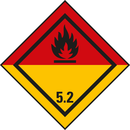 Verpackungskennzeichen: Klasse 5.2 - Organische Peroxide, gelb-rot, ADR, RID, IMDG-Code, GGVSEB, Haftpapier permanent, 50 mm x 50 mm, 1000 St./Rolle Verpackungskennzeichen: Klasse 5.2 - Organische Peroxide, gelb-rot, ADR, RID, IMDG-Code, GGVSEB, Haftpapier permanent, 50 mm x 50 mm, 1000 St./Rolle