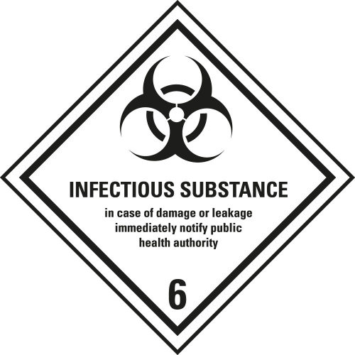 Verpackungskennzeichen: Klasse 6.2 - mit Zusatztext Infectious Substance, weiß-schwarz, IMDG-Code, GGVSEB, ADR, IATA, seewasserbeständige Folie, 100 mm x 100 mm, 1 Stück