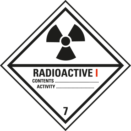 Verpackungskennzeichen: Klasse 7A - Radioactive I, weiß-schwarz, IMDG-Code, GGVSEB, ADR, IATA, seewasserbeständige Folie, 100 mm x 100 mm, 1 Stück
