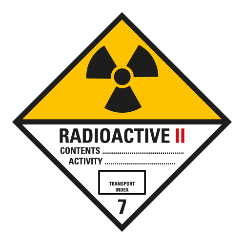 Verpackungskennzeichen: Klasse 7B - Kategorie II Radioaktive Stoffe, gelb-weiß, IMDG-Code, GGVSEB, ADR, IATA, seewasserbeständige Folie, 100 mm x 100 mm, 1 Stück Verpackungskennzeichen: Klasse 7B - Kategorie II Radioaktive Stoffe, gelb-weiß, IMDG-Code, GGVSEB, ADR, IATA, seewasserbeständige Folie, 100 mm x 100 mm, 1 Stück