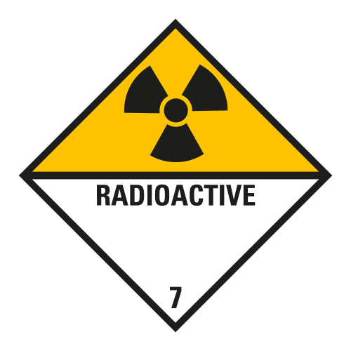 Verpackungskennzeichen: Klasse 7D - Radioactive, weiß-gelb, IMDG-Code, GGVSEB, ADR, IATA, seewasserbeständige Folie, 100 mm x 100 mm, 1 Stück