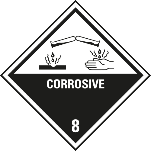 Verpackungskennzeichen: Klasse 8 - mit Zusatztext Corrosive, weiß-schwarz, IMDG-Code, GGVSEB, ADR, IATA, seewasserbeständige Folie, 100 mm x 100 mm, 500 St./Rolle Verpackungskennzeichen: Klasse 8 - mit Zusatztext Corrosive, weiß-schwarz, IMDG-Code, GGVSEB, ADR, IATA, seewasserbeständige Folie, 100 mm x 100 mm, 500 St./Rolle