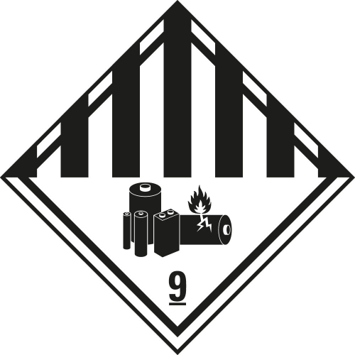 Verpackungskennzeichen: Klasse 9A - Lithiumbatterien, weiß-schwarz, seewasserbeständige Folie, 100 mm x 100 mm, 1 Stück Verpackungskennzeichen: Klasse 9A - Lithiumbatterien, weiß-schwarz, seewasserbeständige Folie, 100 mm x 100 mm, 1 Stück