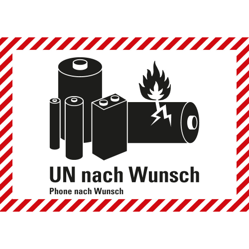 Verpackungskennzeichen: für Lithium-Batterien mit UN-Nummer und Telefonnummer nach Wunsch, ADR, RID, ADN, IMDG-Code, IATA, weiß-schwarz, Folie selbstklebend, 100 mm x 70 mm, 1 Stück