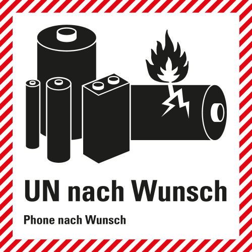 Verpackungskennzeichen: für Lithium-Batterien mit UN-Nummer und Telefonnummer nach Wunsch, ADR, RID, ADN, IMDG-Code, IATA, weiß-schwarz, Folie selbstklebend, 100 mm x 100 mm, 1 Stück