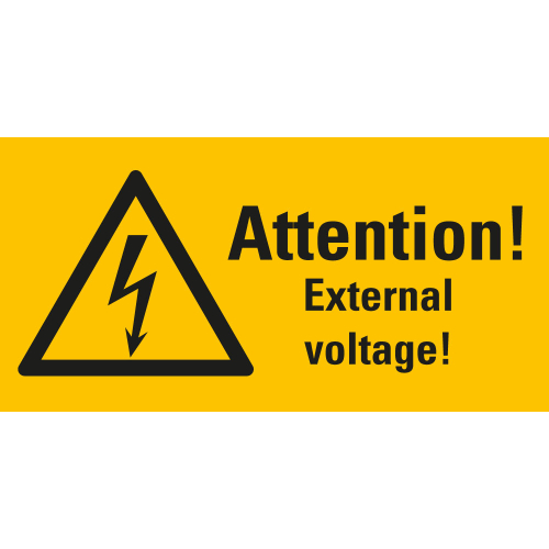 Warn-Kombischild: Attention! External voltage!, UL-anerkannt, Folie selbstklebend, 52 mm x 26 mm, 10 St. / Bogen