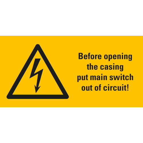 Warn-Kombischild: Before opening the casing put main switch out of circuit!, UL-anerkannt, Folie selbstklebend, 52 mm x 26 mm, 10 St. / Bogen
