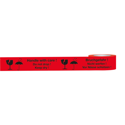 Warnband: Bruchgefahr! Nicht werfen! Vor Nässe schützen!, rot-schwarz, Polypropylen-Folie mit starkem Acrylkleber, 50 mm x 66 m, 6 Rollen / Verpackungseinheit