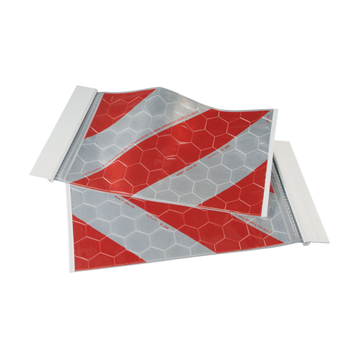 Warnmarkierung für Hubladebühnen links-/rechtsweisend mit Halter, rot-weiß, Planenstoff mit reflektierender Folie, 440 mm x 260 mm, 2 Stück / VE