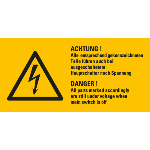 Warnschild: ACHTUNG! Alle entsprechend gekennzeichneten Teile führen [...] noch Spannung, 2-sprachig, Blitzpfeil, Folie selbstklebend, 100 mm x 10050mm, 1 Stück