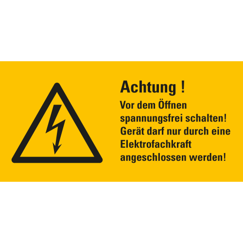 Warnschild: Achtung! Vor dem Öffnen spannungsfrei schalten, Blitzpfeil, RoHS konform, Folie selbstklebend, 74 mm x 37 mm, 1 Stück