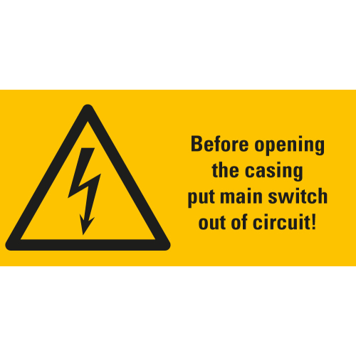 Warnschild: Before opening the casing put main switch out of circuit!, Blitzpfeil, RoHS konform, Folie selbstklebend, 105 mm x 52 mm, 1 Stück Warnschild: Before opening the casing put main switch out of circuit!, Blitzpfeil, RoHS konform, Folie selbstklebend, 105 mm x 52 mm, 1 Stück