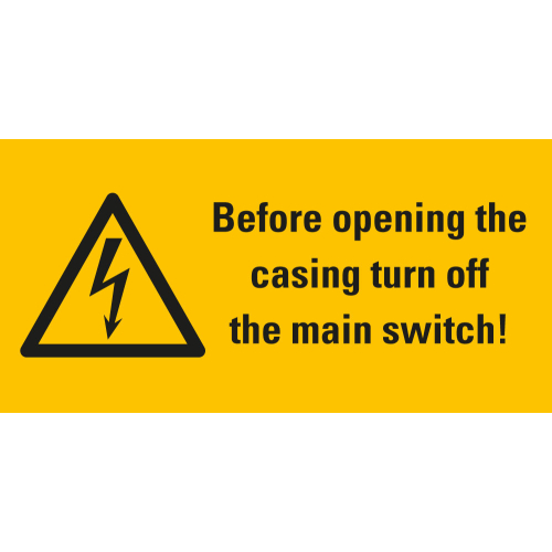 Warnschild: Before opening the casing turn off the main switch, Blitzpfeil, RoHS konform, Folie selbstklebend, 52 mm x 26 mm, 10 St./Bogen