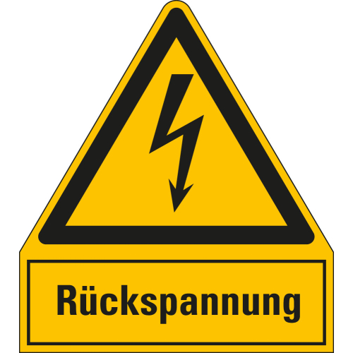 Warnschild: Rückspannung, Blitzpfeil, ASR/ISO, Kunststoff, 100 mm x 120 mm, 1 Stück Warnschild: Rückspannung, Blitzpfeil, ASR/ISO, Kunststoff, 100 mm x 120 mm, 1 Stück