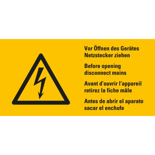 Warnschild: Vor Öffnen des Gerätes Netzstecker ziehen, 4-sprachig, Blitzpfeil, Folie selbstklebend, 100 mm x 50 mm, 1 Stück