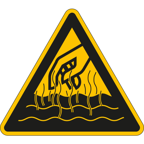 Warnschild: Warnung vor heißen Flüssigkeiten und Dämpfen, Dreieck, gelb-schwarz, Folie selbstklebend, Schenkellänge 100 mm, 1 Stück
