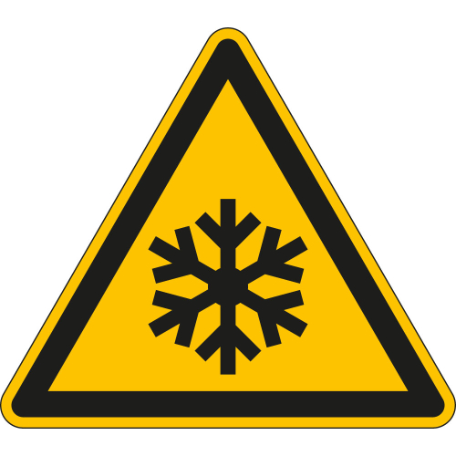 Warnschild: Warnung vor niedriger Temperatur/Frost, Dreieck, gelb-schwarz, ASR/ISO, Folie selbstklebend, Schenkellänge 200 mm, 1 Stück