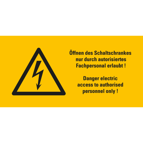Warnschild: Öffnen des Schaltschrankes nur durch autorisiertes Fachpersonal erlaubt, 2-sprachig, Blitzpfeil, Folie selbstklebend, 105 mm x 52 mm, 1 Stück