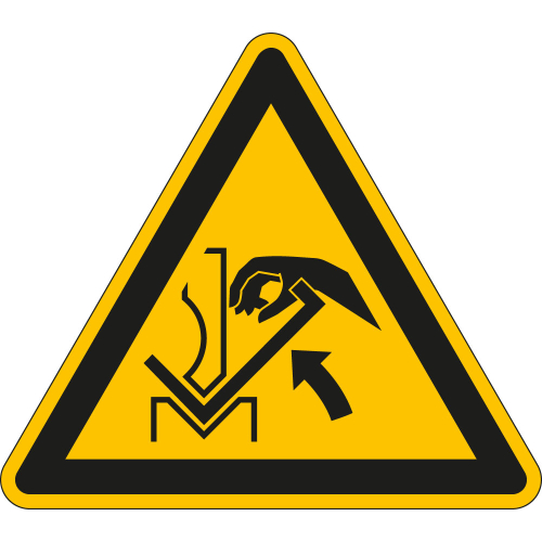 Warnung vor Quetschgefahr der Hand zwischen Presse und Werkstück, Dreieck, gelb-schwarz, ISO, RoHS konform, Folie selbstklebend, Schenkellänge 50 mm, 10 St./Bogen