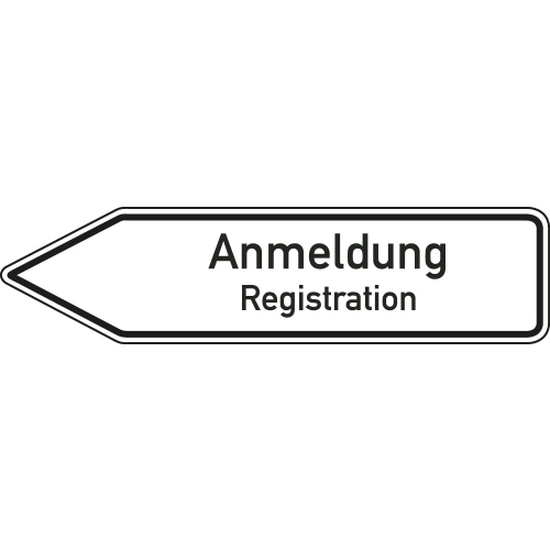 Wegweiser: Anmeldung / Registration 2-sprachig linksweisend, weiß, DIN 67520, Aluminium RA0 reflektierend, 1400 mm x 350 mm, 1 Stück