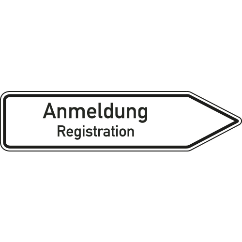 Wegweiser: Anmeldung / Registration 2-sprachig rechtsweisend, weiß, DIN 67520, Aluminium RA0 reflektierend, 1400 mm x 350 mm, 1 Stück