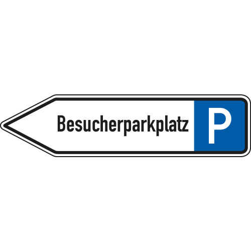 Wegweiser: Besucherparkplatz linksweisend, weiß-blau, DIN 67520, Aluminium RA0 reflektierend, 1400 mm x 350 mm, 1 Stück