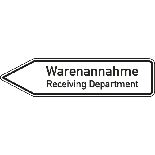 Wegweiser: Warenannahme / Receiving Department 2-sprachig linksweisend, weiß, DIN 67520, Aluminium RA0 reflektierend, 1400 mm x 350 mm, 1 Stück