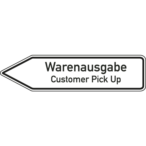 Wegweiser: Warenausgabe / Customer Pick Up 2-sprachig linksweisend, weiß, DIN 67520, Aluminium RA0 reflektierend, 1400 mm x 350 mm, 1 Stück