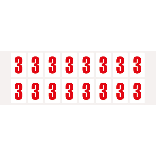 Ziffer 3, Schrifthöhe 25 mm, weiß-rot, Folie selbstklebend, 22 x 36 mm, 320 St./Verpackungseinheit Ziffer 3, Schrifthöhe 25 mm, weiß-rot, Folie selbstklebend, 22 x 36 mm, 320 St./Verpackungseinheit
