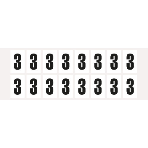 Ziffer 3, Schrifthöhe 25 mm, weiß-schwarz, Folie selbstklebend, 22 x 36 mm, 320 St./Verpackungseinheit Ziffer 3, Schrifthöhe 25 mm, weiß-schwarz, Folie selbstklebend, 22 x 36 mm, 320 St./Verpackungseinheit