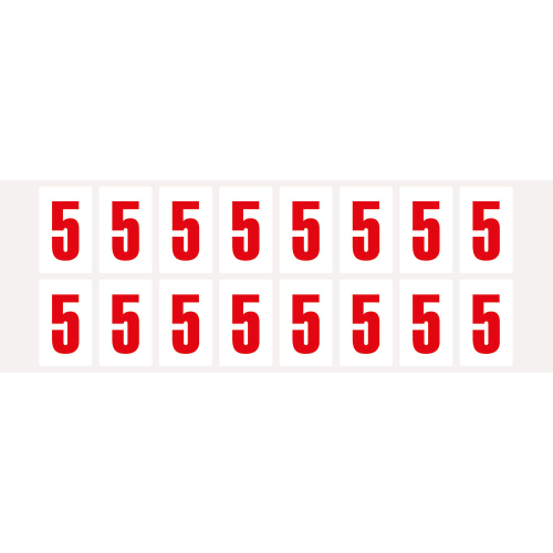 Ziffer 5, Schrifthöhe 25 mm, weiß-rot, Folie selbstklebend, 22 x 36 mm, 320 St./Verpackungseinheit Ziffer 5, Schrifthöhe 25 mm, weiß-rot, Folie selbstklebend, 22 x 36 mm, 320 St./Verpackungseinheit